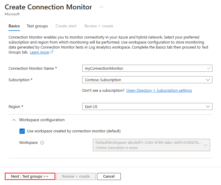 A captura de tela mostra a guia Noções básicas da criação de um monitor de conexão no portal do Azure.