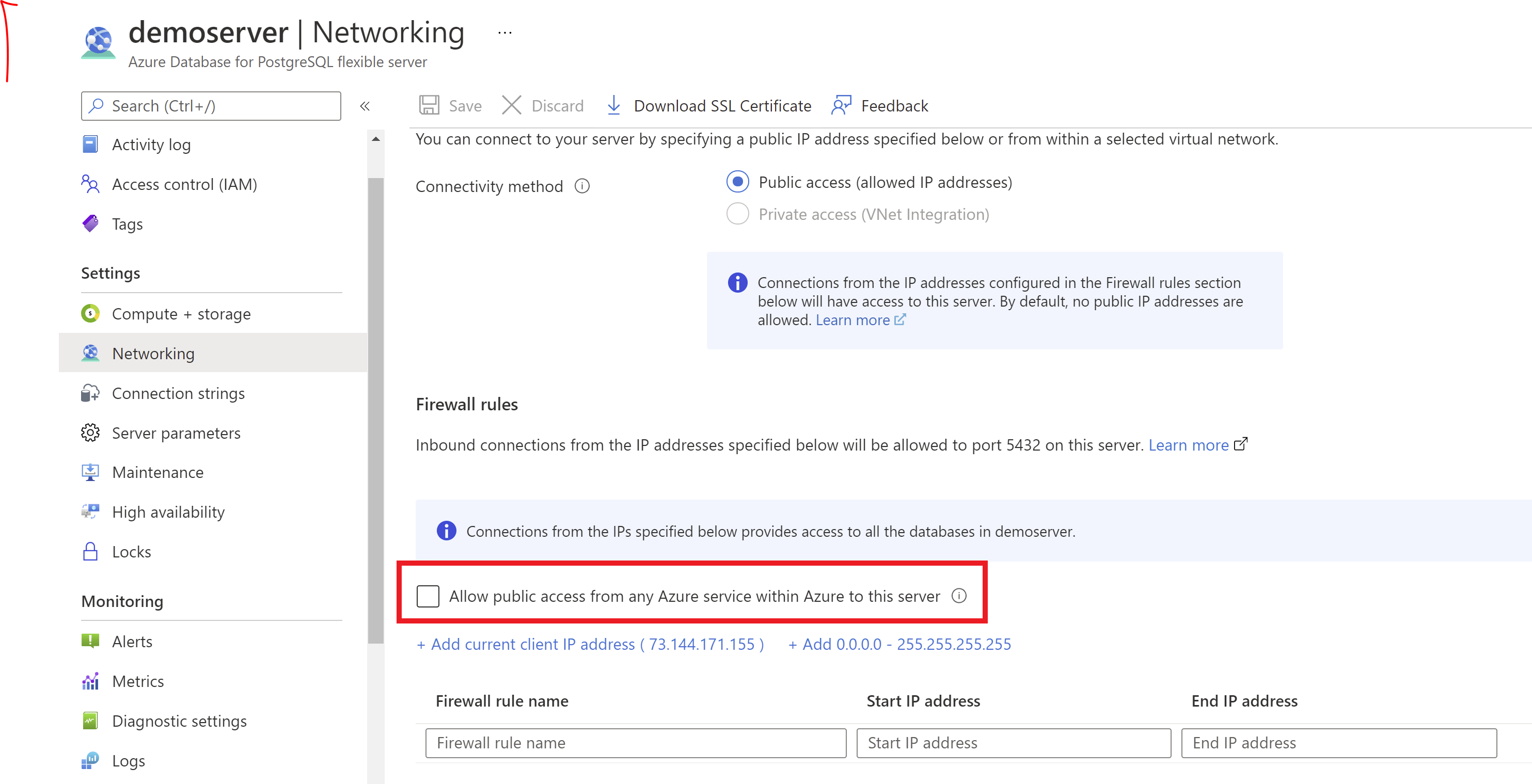 Captura de ecrã que mostra seleções para permitir o acesso aos serviços do Azure no portal.