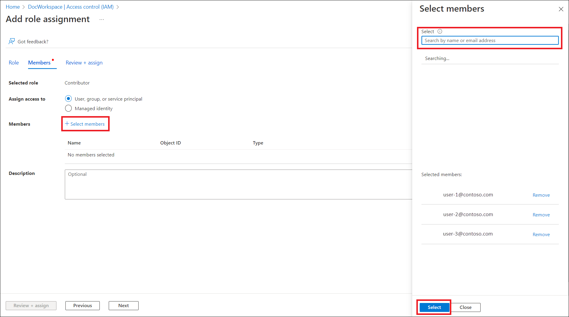 Captura de tela mostrando como selecionar seus usuários para adicionar ao seu espaço de trabalho do Azure Quantum.