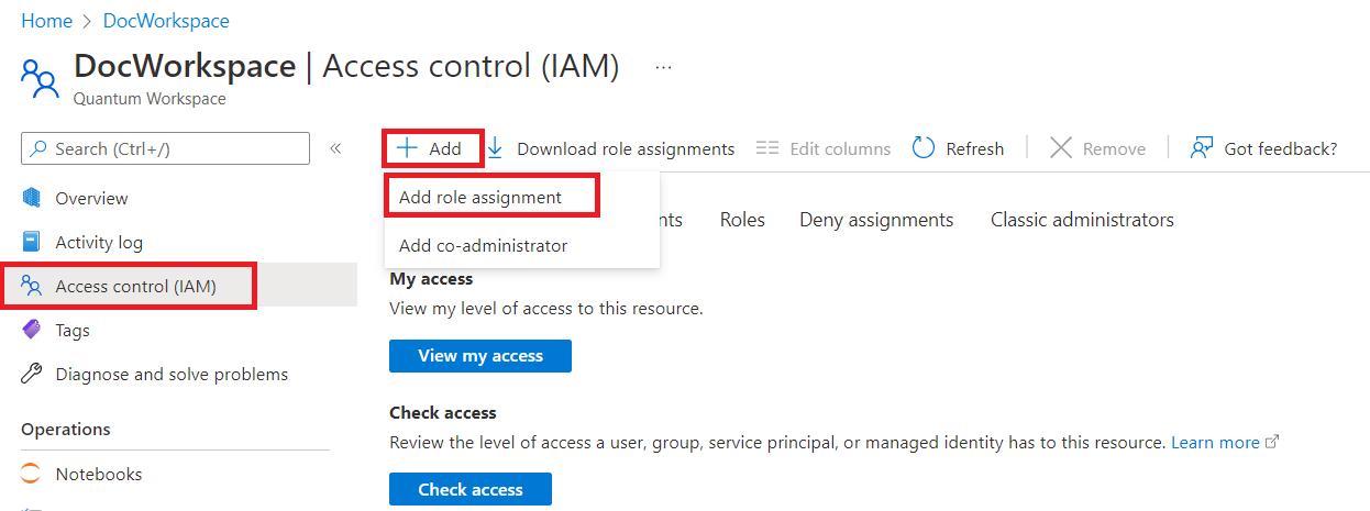 Screen shot mostrando como adicionar uma nova atribuição de papel ao seu espaço de trabalho Azure Quantum.