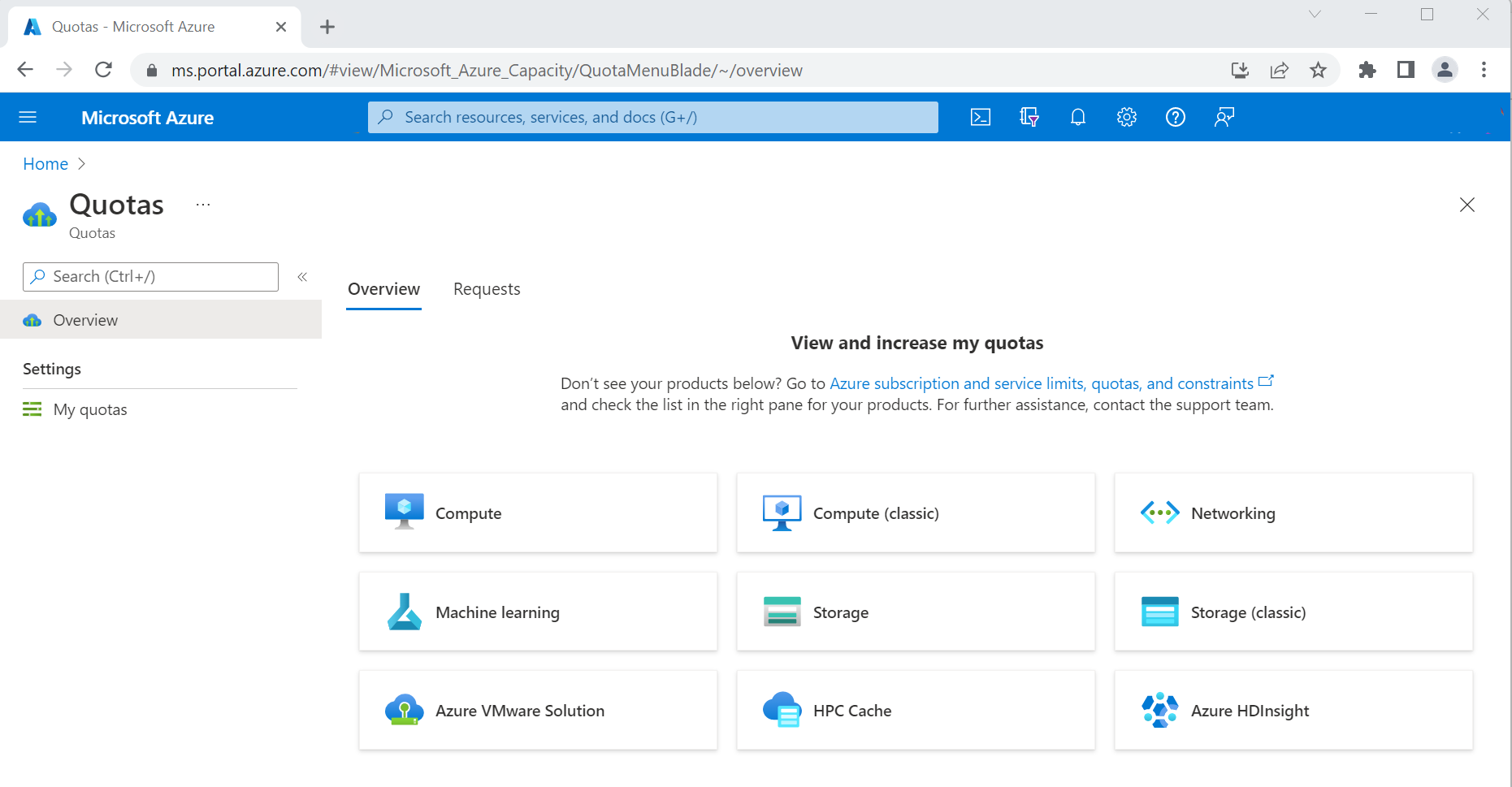 Captura de ecrã da página de serviço de Quotas no portal do Azure.