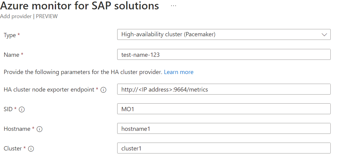 Diagrama que mostra a configuração de um recurso de soluções do Azure Monitor for SAP, mostrando os campos para clusters baseados em SUSE.