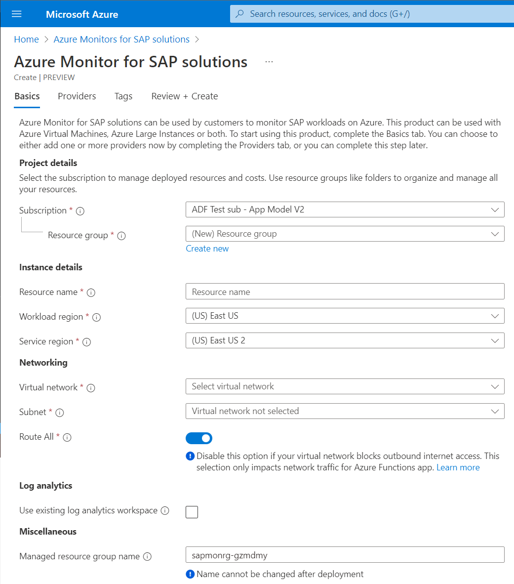 Captura de ecrã que mostra os detalhes básicos de uma instância de soluções do Azure Monitor para SAP.