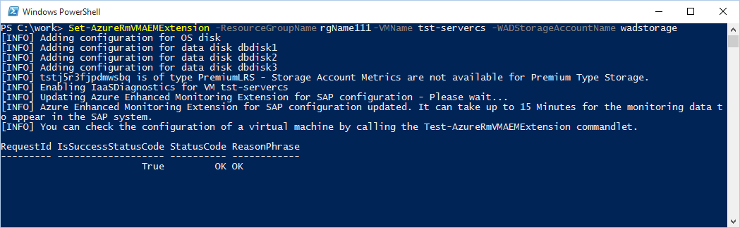 Execução bem-sucedida do cmdlet Set-AzVMAEMExtension do Azure específico do SAP