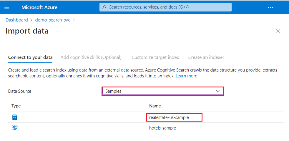 Captura de tela dos conjuntos de dados de exemplo disponíveis no assistente Importar dados.