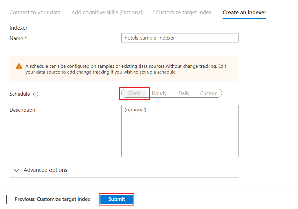 Captura de tela que mostra como configurar o indexador para a fonte de dados de exemplo de hotéis no assistente Importar dados.