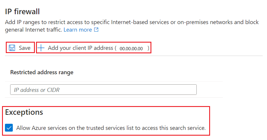 Captura de tela mostrando como configurar o firewall IP no portal do Azure.