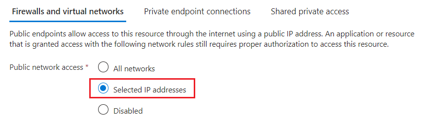 Captura de ecrã a mostrar as opções de acesso à rede no portal do Azure.