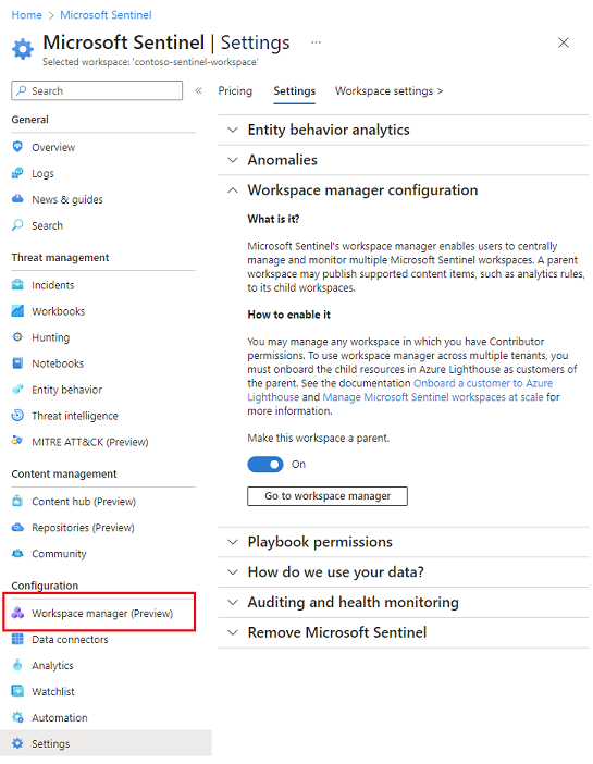 A captura de tela mostra as definições de configuração do gerenciador de espaços de trabalho. O item de menu adicionado para o gerenciador de espaço de trabalho é realçado e o botão de alternância é ativado.