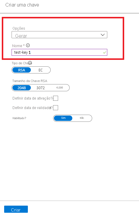 Captura de tela que mostra como nomear uma chave.