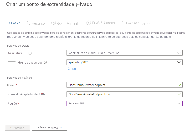 Captura de tela mostrando a página Noções básicas do assistente Criar ponto de extremidade privado.