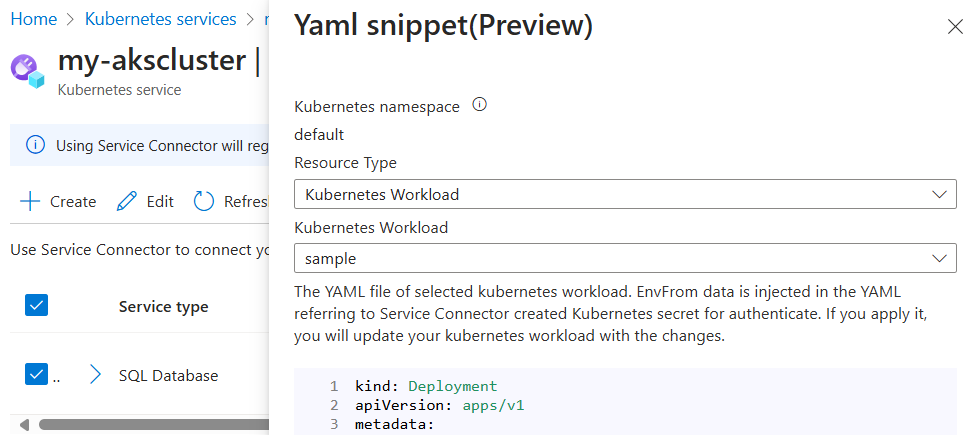 Captura de tela do portal do Azure mostrando o trecho do Kubernetes para criar uma nova conexão no AKS.