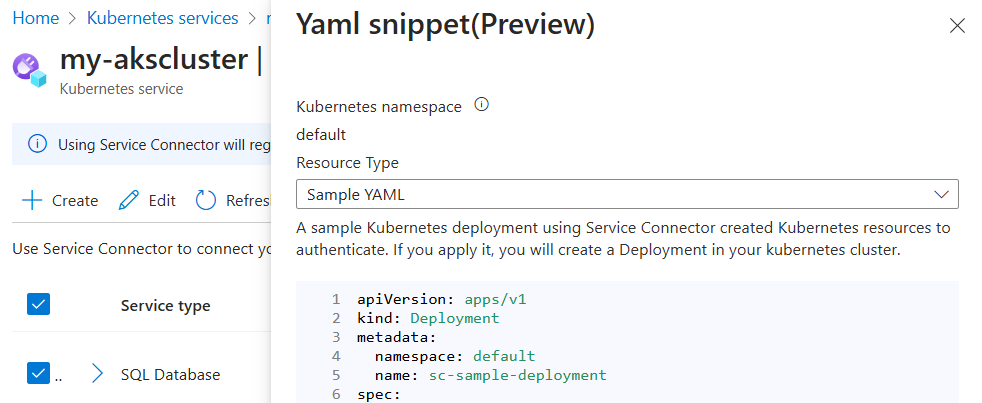 Captura de tela do portal do Azure mostrando o trecho YAML de exemplo para criar uma nova conexão no AKS.