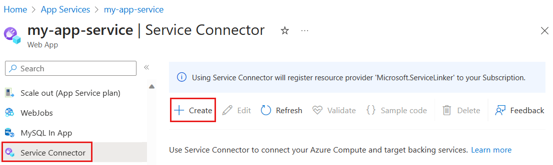 Captura de ecrã do portal do Azure, selecionando Service Connector e criando uma nova ligação.