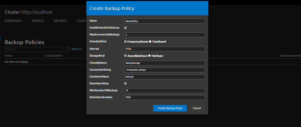 Criar Política de Backup do Armazenamento de Blobs do Azure