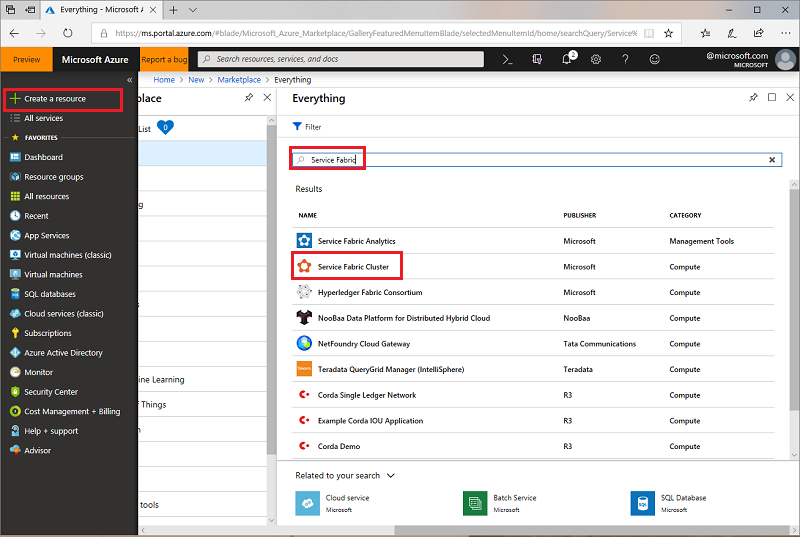 procure o modelo de cluster do Service Fabric no portal do Azure.