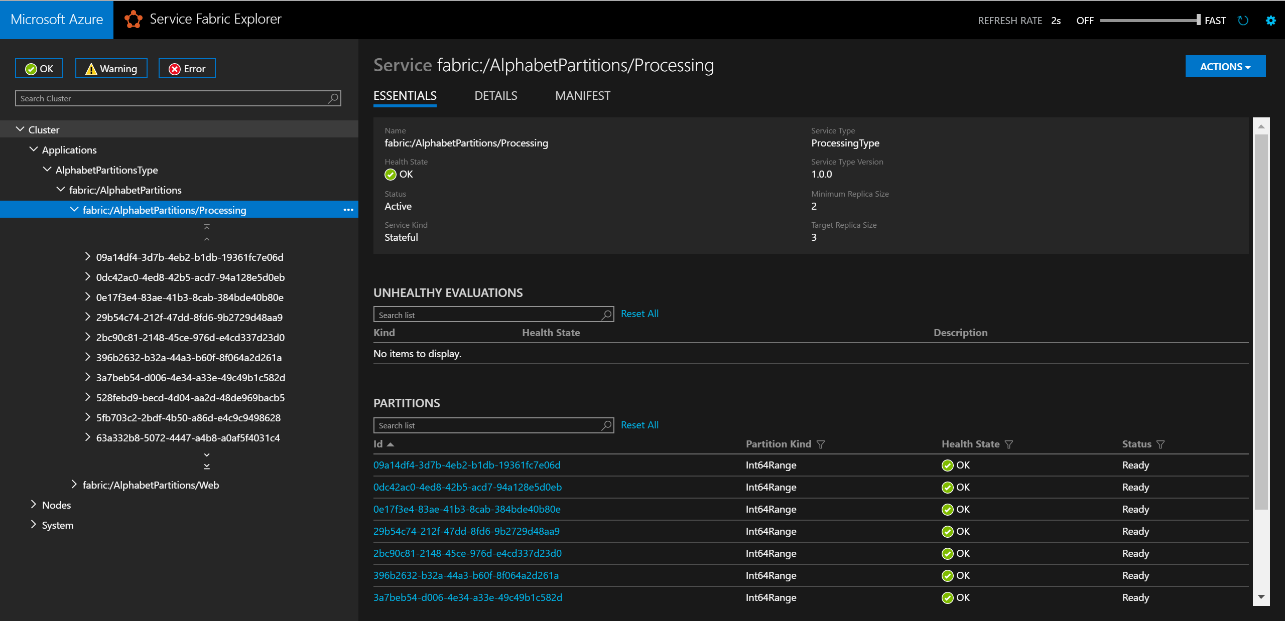 Captura de tela do Service Fabric Explorer