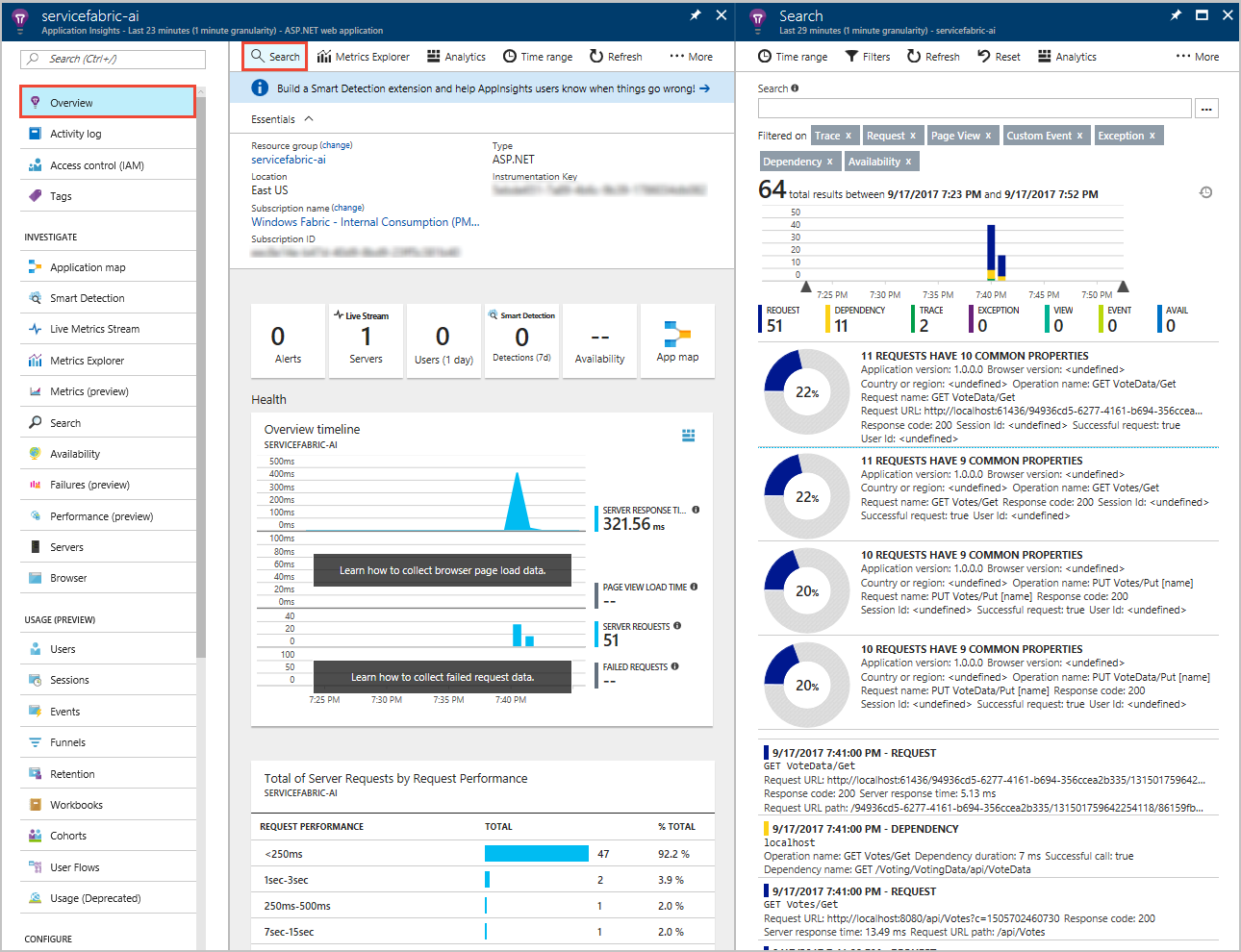 Captura de tela que mostra a exibição de rastreamento de exibição do Application Insights.