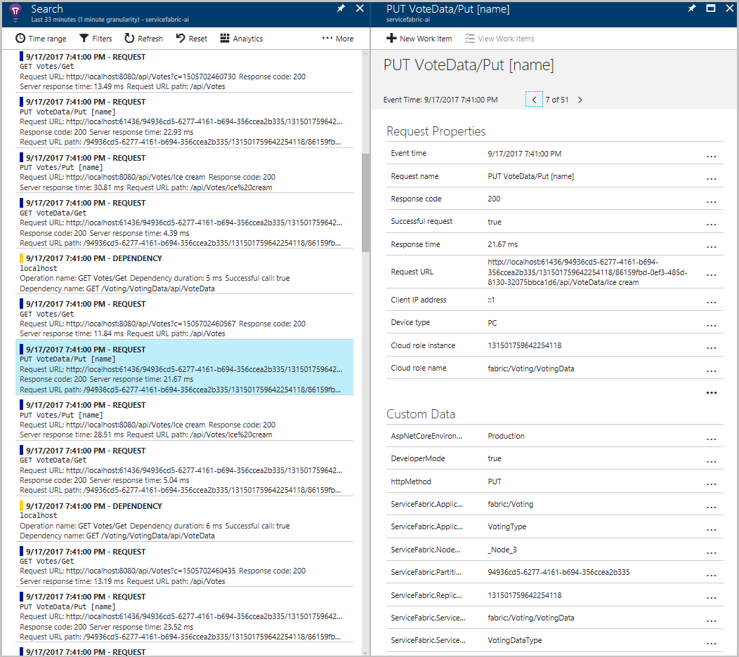 Captura de tela que mostra os detalhes do rastreamento do Application Insights.