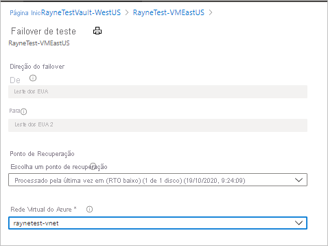 Página de configurações de failover de teste