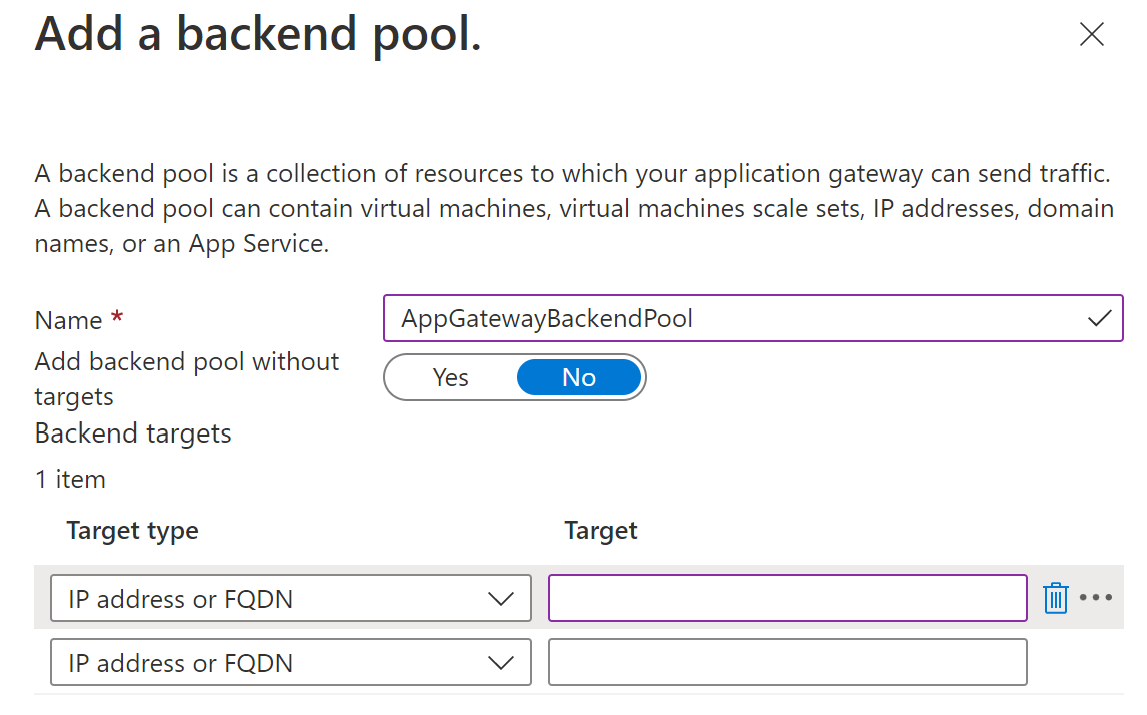 Captura de ecrã da página 'Adicionar um pool de back-end' do portal do Azure.