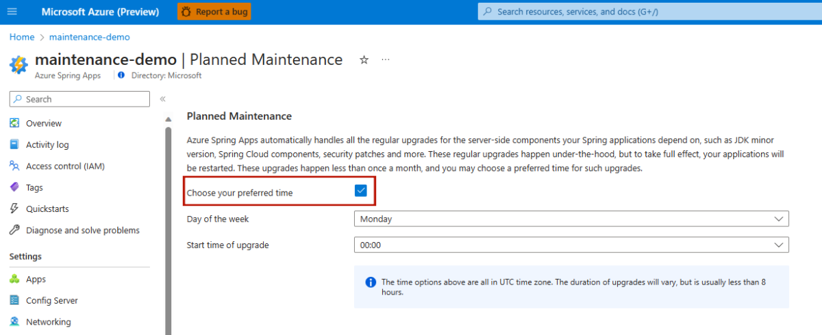 Captura de ecrã do portal do Azure que mostra a página Manutenção planeada com a caixa de verificação Escolha a sua hora preferida realçada.