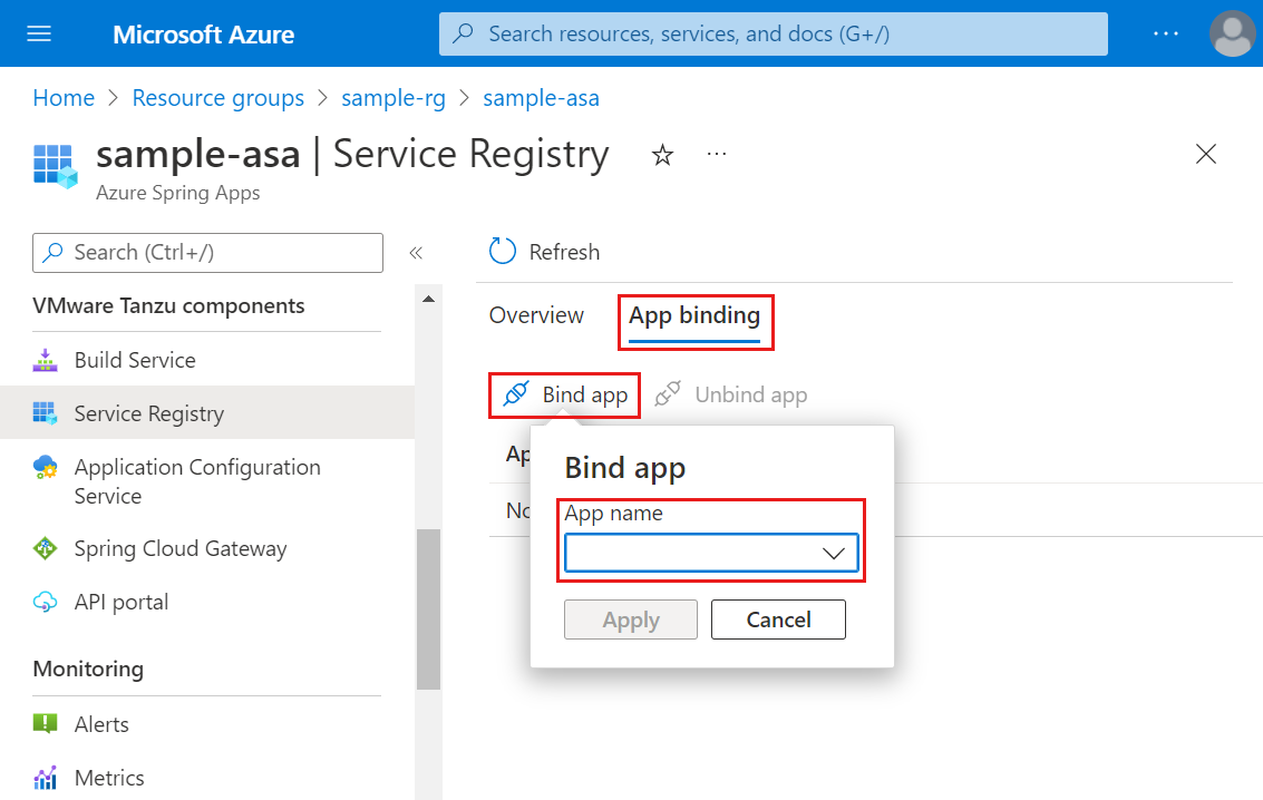 Captura de ecrã do portal do Azure que mostra a página Registo de Serviço com a lista pendente Ligação de aplicações realçada.