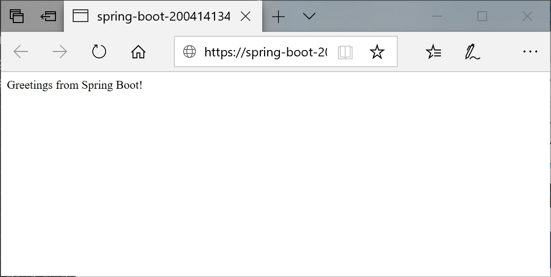 Captura de tela do aplicativo em execução em um navegador exibindo a mensagem Saudações do Spring Boot.