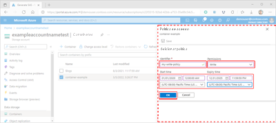 Screenshot showing how to create a stored access policy within the Azure portal.