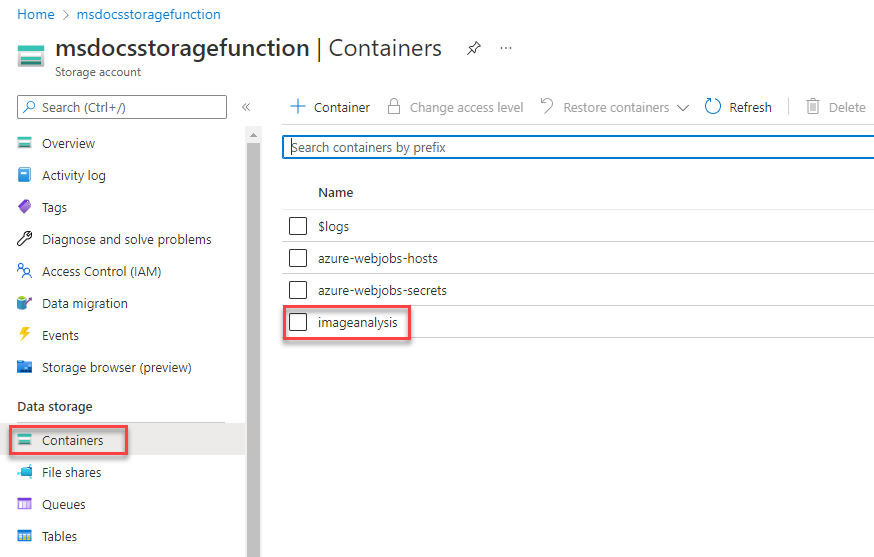 Uma captura de ecrã a mostrar como navegar para um contentor de armazenamento.