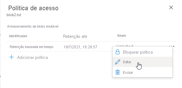 Captura de ecrã a mostrar como editar uma política de retenção baseada no tempo ao nível da versão existente no portal do Azure