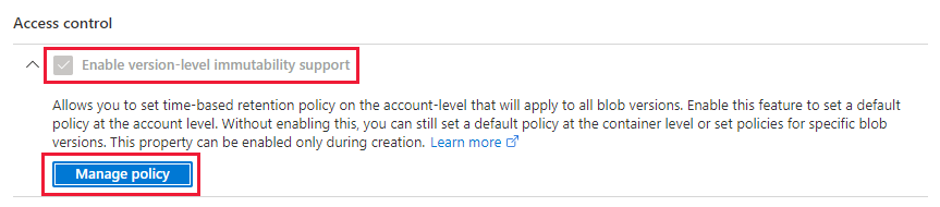 Captura de tela mostrando como gerenciar a política de imutabilidade em nível de versão padrão para uma conta de armazenamento 