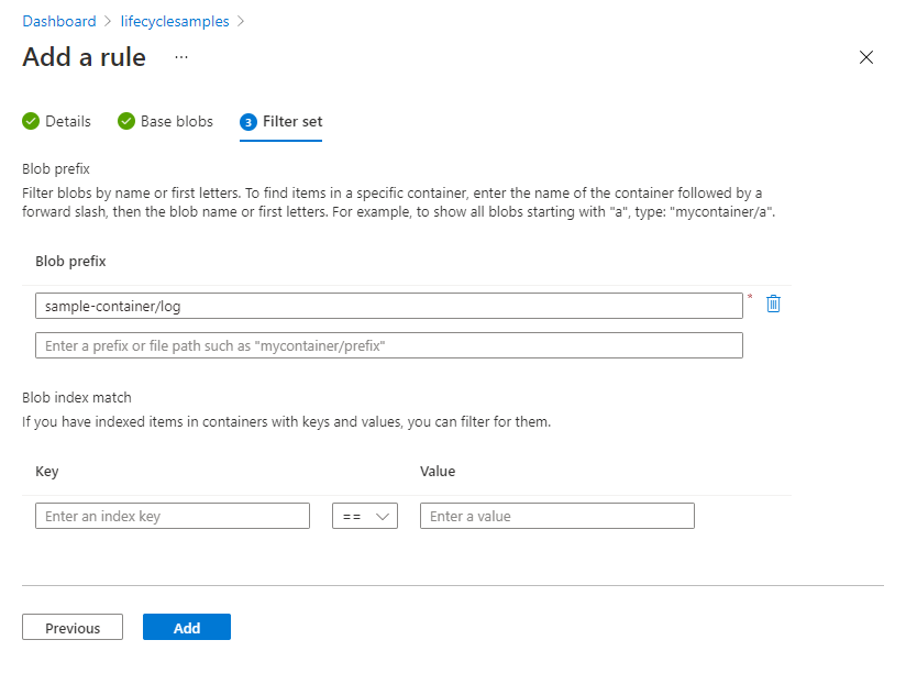 Página do conjunto de filtros de gerenciamento de ciclo de vida no portal do Azure