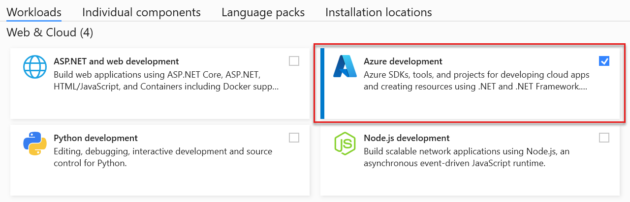 Captura de tela da carga de trabalho de desenvolvimento do Visual Studio Azure (em Web & Cloud).