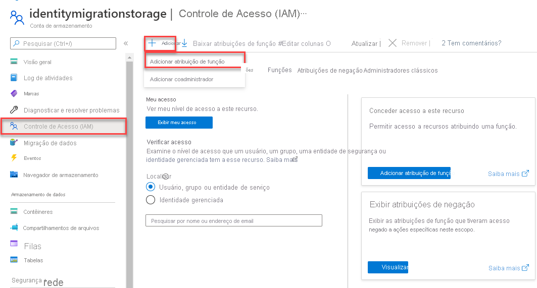 A screenshot showing how to assign a storage account role.