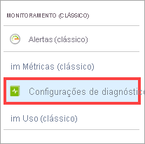 Item de menu Diagnóstico em MONITORAMENTO no portal do Azure.