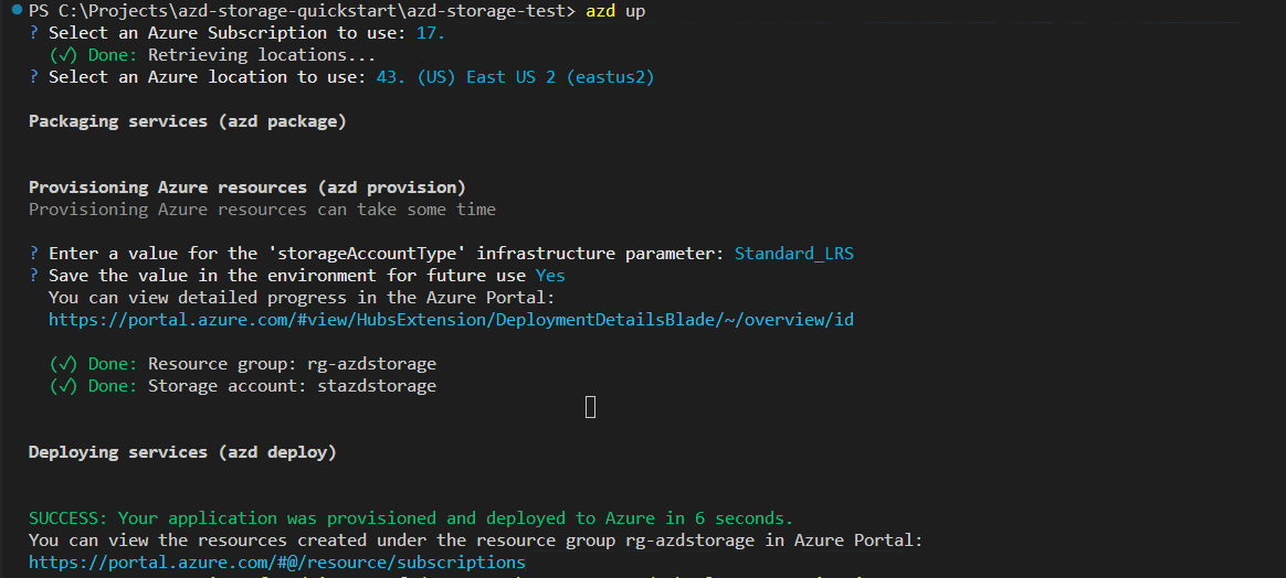 Uma captura de tela mostrando a saída do comando azd up.