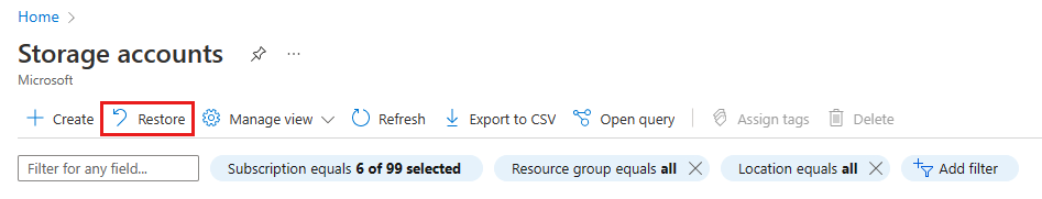 Captura de ecrã a mostrar o botão Restaurar no portal do Azure.