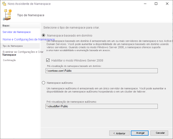 Uma captura de tela da seleção entre um namespace baseado em domínio e um namespace autônomo no Assistente para Novo Namespace.