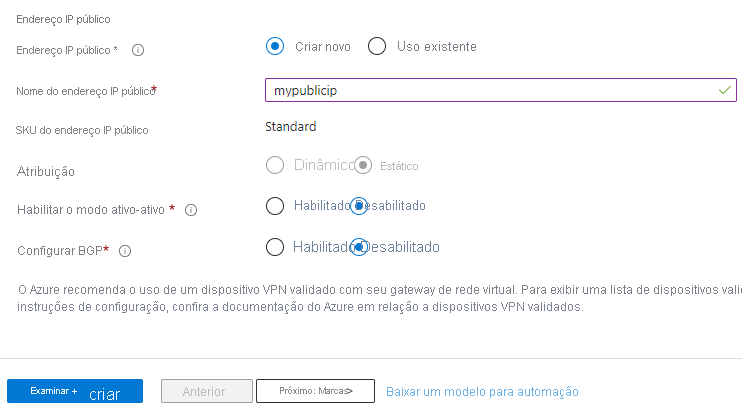 Captura de tela mostrando como especificar o endereço IP público para um gateway de rede virtual usando o portal do Azure.