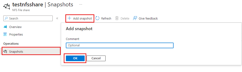 Captura de ecrã a mostrar a adição de um instantâneo de partilha de ficheiros.