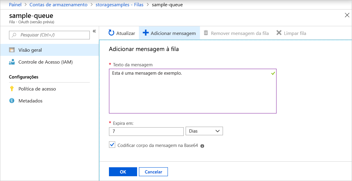 Captura de ecrã a mostrar como adicionar uma mensagem a uma fila