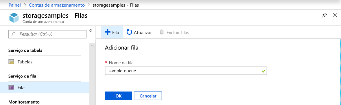 Captura de ecrã a mostrar como criar uma fila no portal do Azure