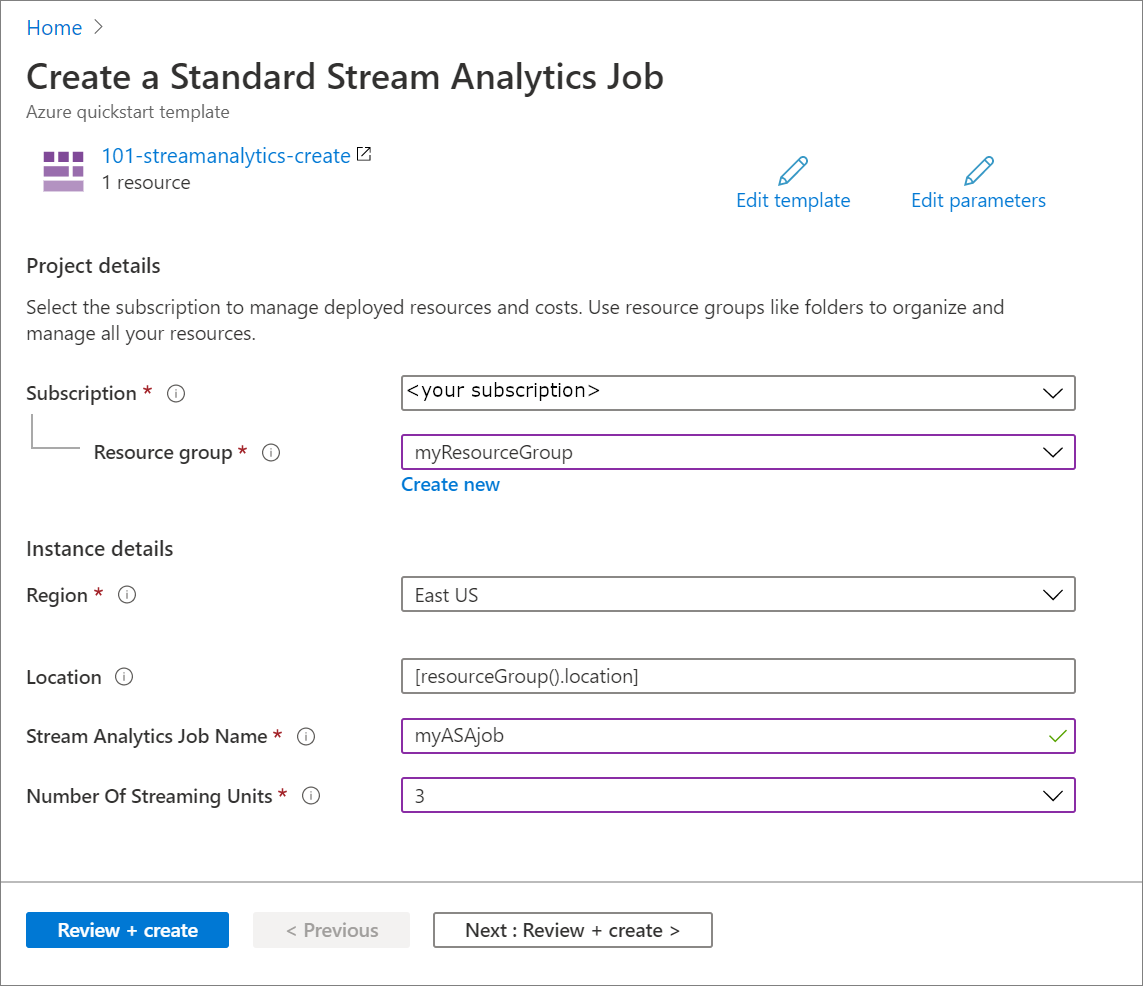 Criar trabalho do Azure Stream Analytics usando um modelo do Azure Resource Manager