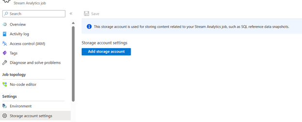 Captura de ecrã da página Definições da conta de armazenamento de uma tarefa do Stream Analytics.