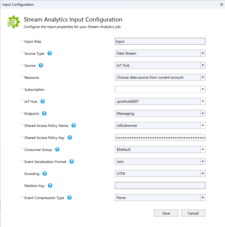 Captura de ecrã a mostrar a página Configuração de Entrada do Stream Analytics.