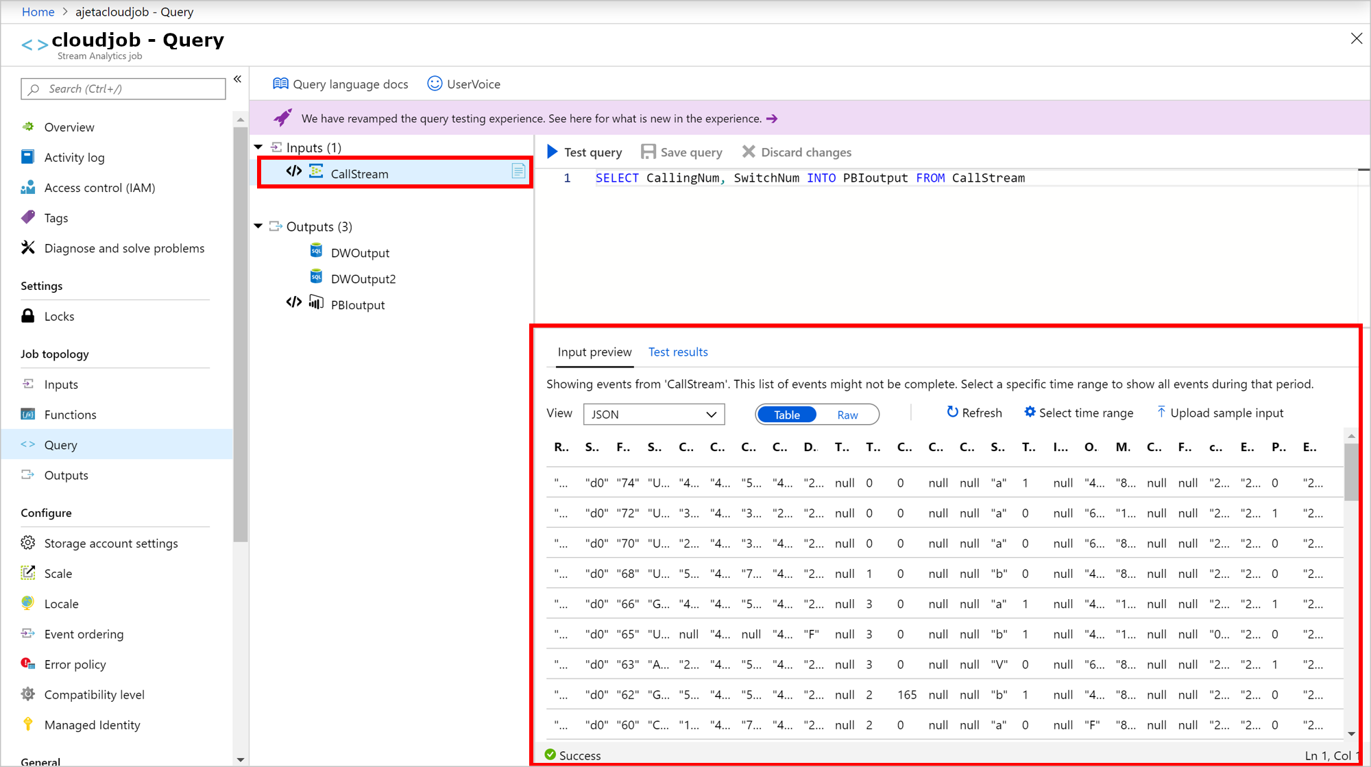 Entrada de exemplo do Azure Stream Analytics no formato de tabela