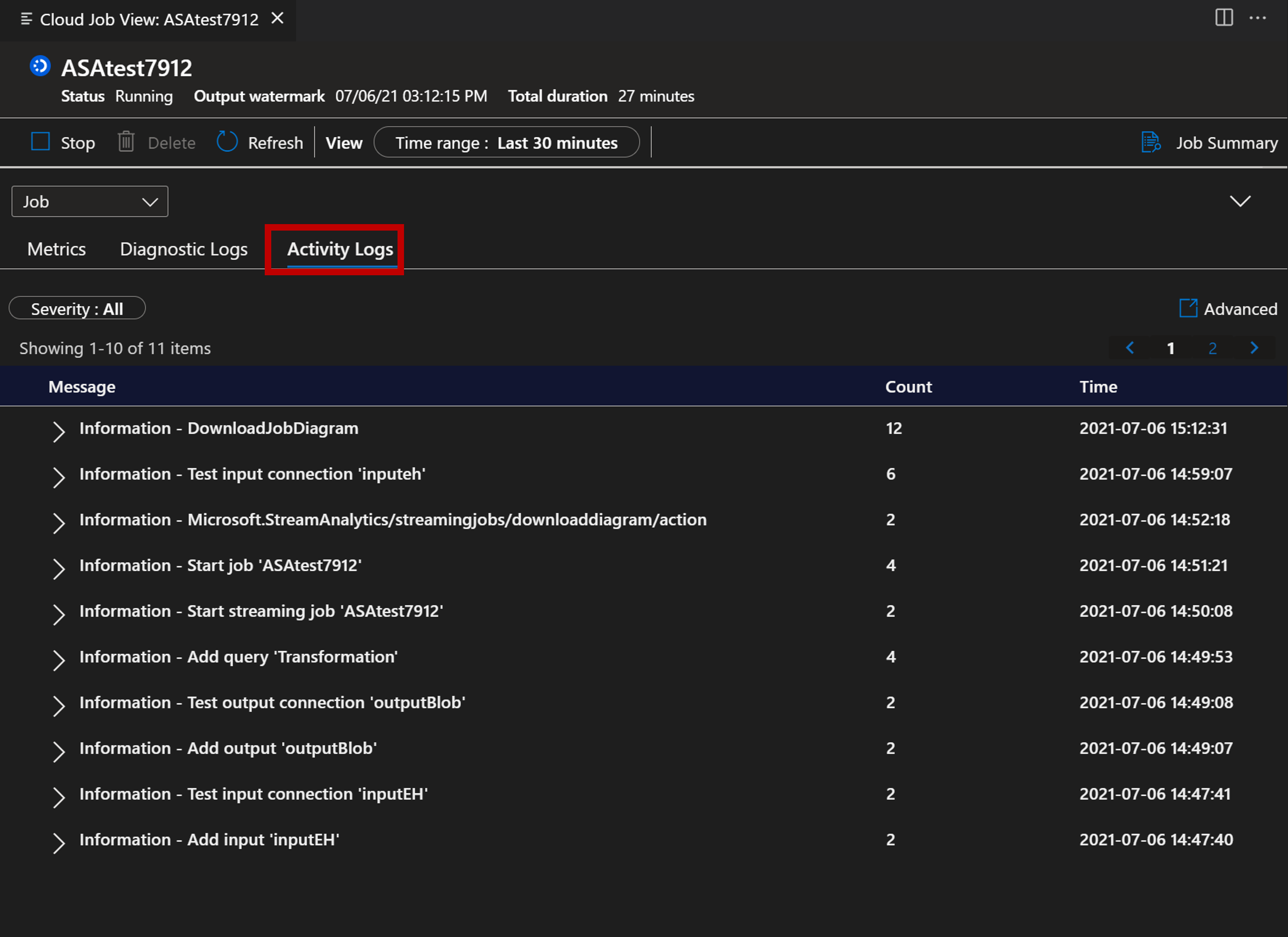 Captura de ecrã a mostrar a extensão do VSCode a ver os Registos de Atividades.