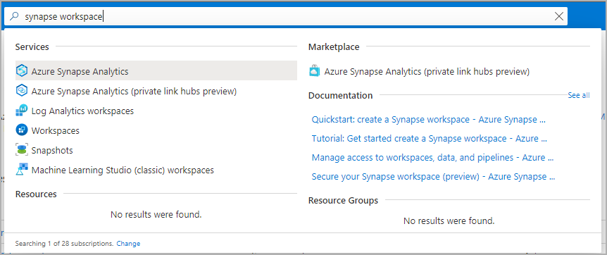 Uma captura de ecrã da barra de pesquisa portal do Azure com áreas de trabalho do Synapse digitadas.