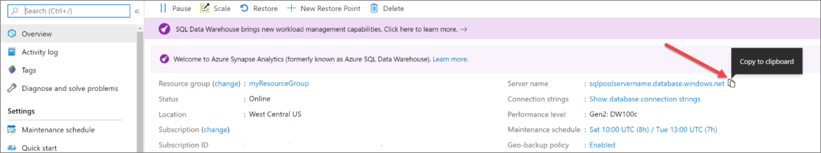 Uma captura de tela do portal do Azure. Localize o nome do servidor e copie o nome do servidor para a área de transferência.